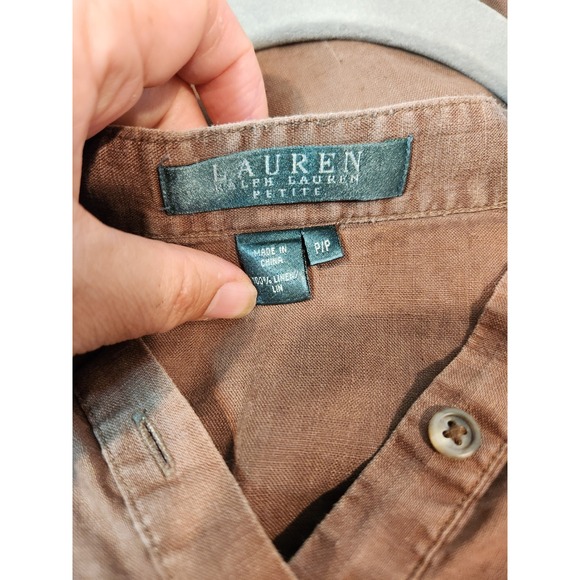Lauren Ralph Lauren Petite Brown 100% Linen Button Blouse Size P/P Mandarin roll - Picture 3 of 7